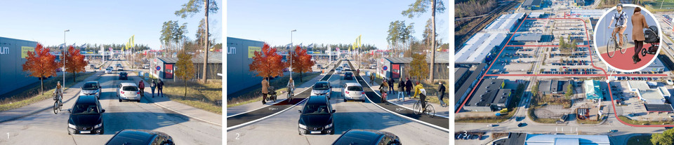 Skiss på tre trafiklösningar på ett handelsområde i Växjö.