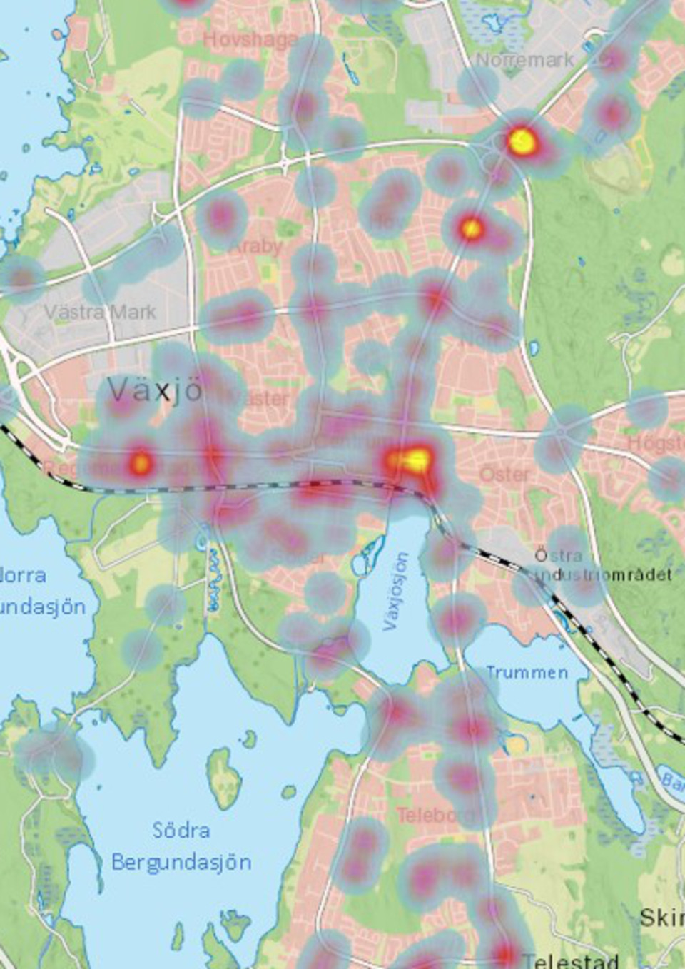 En karta som visar koncentrationer (”hot spots”) av synpunkter i Växjö stad.