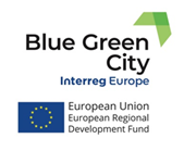 Vlue Green city:s logotyp samt EU-flagga med texten Europeiska unionen Europeiska socialfonden, under flaggan