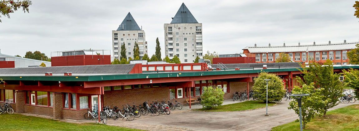 Röd tegelbyggnad med cyklar framför byggnaden. Två vita höghus bakom skolan.